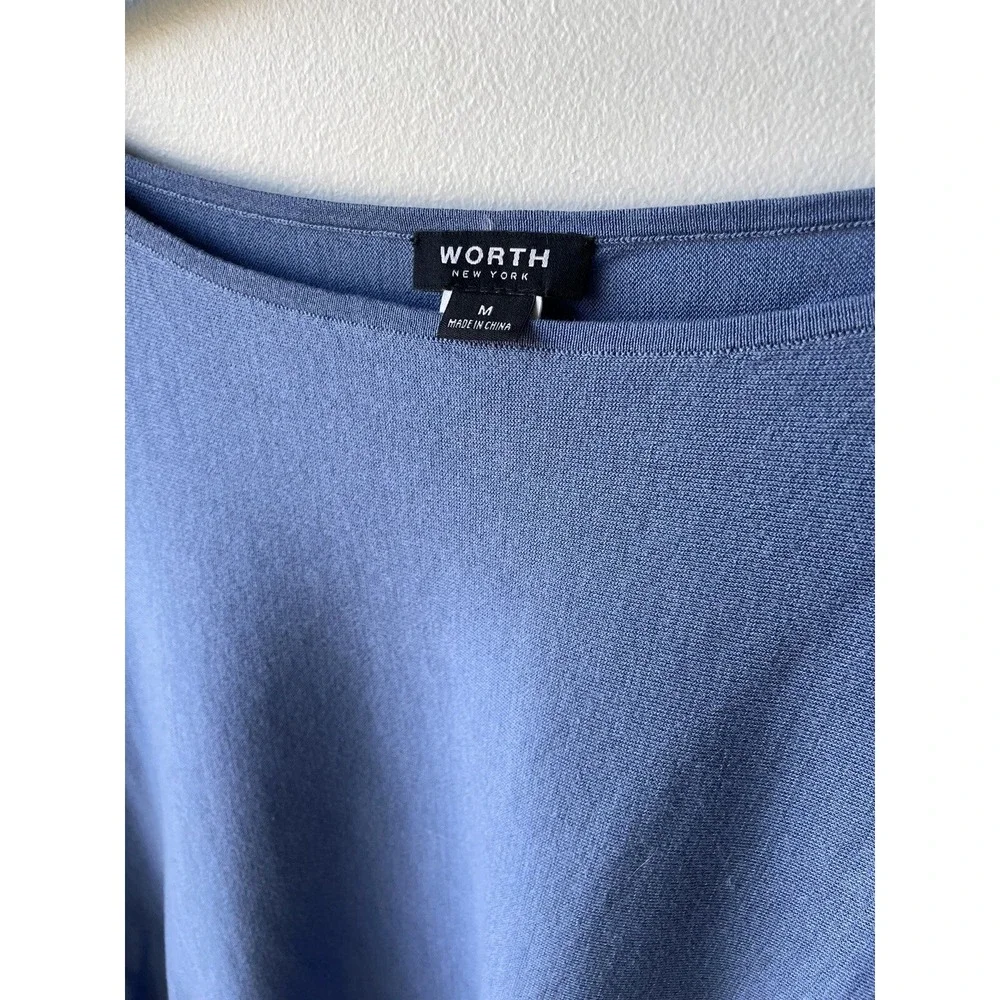 Worth New York Sweater Womens M Blue Side Tie Boat Neck Cotton Blend Pullover